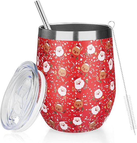 Christmas Wine Tumbler 12 oz Stainless Steel Wine Tumble Insulated Wine Tumbler with Lid Christmas Wine Glass Gifts with Straw and Brushes for Women Men Xmas Wedding Party (Red)