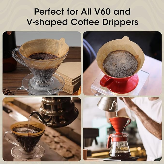 V60 Coffee Filters 02, ONIOU Unbleached Size 02 Cone Coffee Filters, 200 Count Natural Brown Pour Over Paper Filters for Hario V60 & Others 1–4 Cup Coffee Dripper - Package May Vary