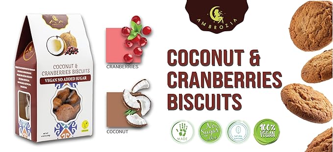 Ambrozia Vegan Snack Biscuits – Coconut & Cranberry - Soft Baked, No Added Sugar, Clean Label, High Fiber & Wholesome Ingredients, Kid-Friendly, Healthy Snacks for Active Lifestyles, 4 x 4.58 Oz