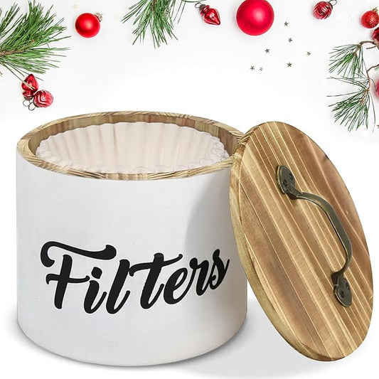 Coffee Filter Holder, Farmhouse White Filter Storage Container Basket for Counter, Wooden Case, Coffee Bar Accessories