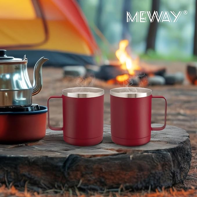 MEWAY 12oz Coffee Mug With Handle and Sliding Lid,Stainless Steel Travel Tumbler Cup with Handle,Double Wall Vacuum Insulated Camping Cup for Hot & Cold Drinks Tea (Red,Set of 1)