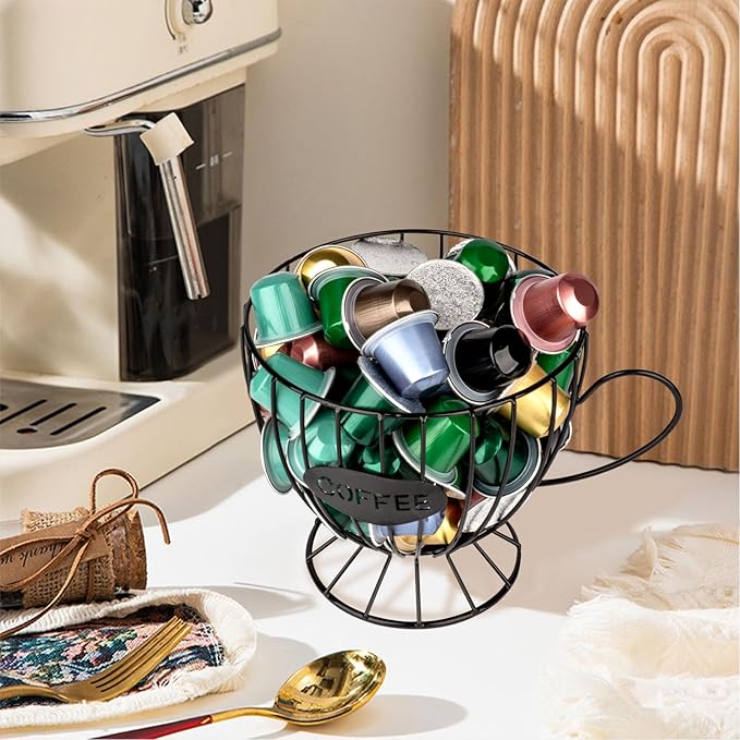 Stainless Steel Cup Coffee Basket pods holder Sturdy for Home or Office Kitchen Counter Organizer Espresso Capsule (Coffee Cup Shape BLACK)