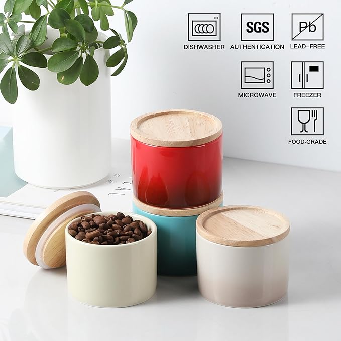 Sweejar Kitchen Canisters Ceramic Food Storage Jar, Stackable Containers with Airtight Seal Wooden Lid for Serving Ground Coffee, Tea, Sugar, Spice and More - 5 Fl Oz(Gradient Blue)