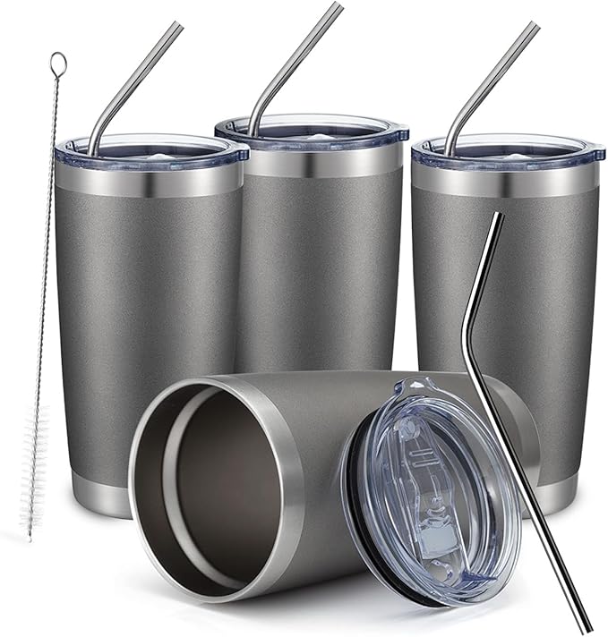COMOOO 20oz 4Pack Double Wall Vacuum Insulated Travel Mug, Stainless Steel Tumbler with Lid, Durable Powder Coated Insulated Coffee Cup for Cold & Hot Drinks (Grey, 4 Pack)