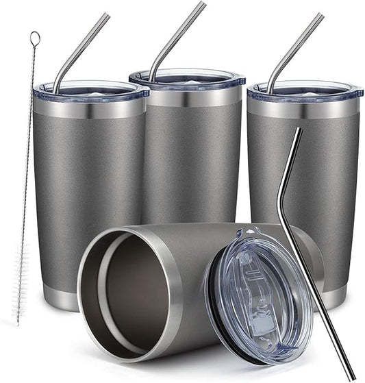COMOOO 20oz 4Pack Double Wall Vacuum Insulated Travel Mug, Stainless Steel Tumbler with Lid, Durable Powder Coated Insulated Coffee Cup for Cold & Hot Drinks (Grey, 4 Pack)