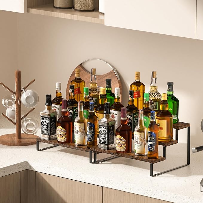 AUTARRONE Wooden Display Risers, 3-Tier Perfume Stand & Expandable Spice Rack Organizer, Cupcake Stand Holder & Display Shelf for Liquor, Figure & Dolls Collection (3-Tier, 2 Pack)