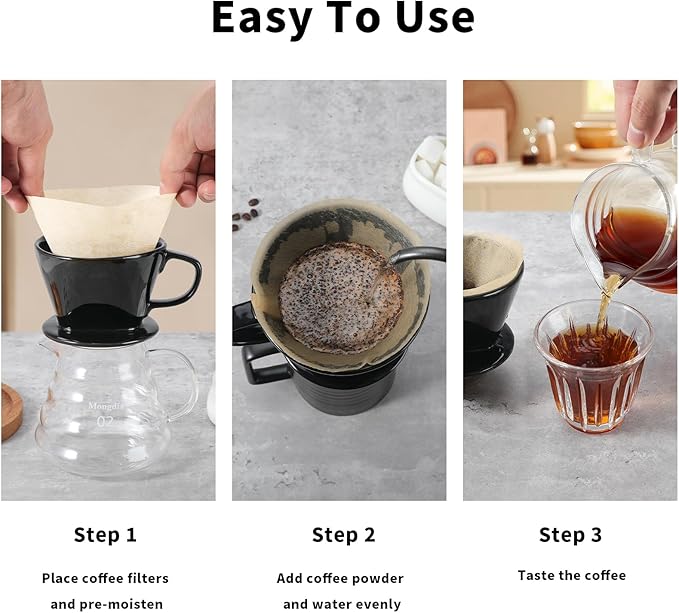 Mongdio Pour Over Coffee Maker, Ceramic Pour Over Dripper, Coffee Pour Over with 3 Holes Flat Bottom, Coffee Accessories for Home, Size 02 Black