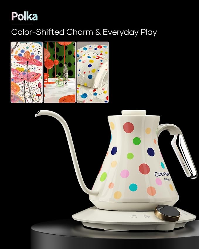 Cocinare FLOW M6 Pro Electric Gooseneck Kettle with Color-Changing Design, ±0.5℉ Temperature Control for Pour-over Coffee & Tea, Stainless Steel Interior, Quick Heating for Boiling Water (Polka)