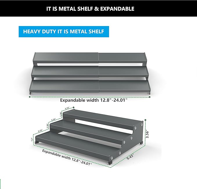 Spice Rack Organizer for Cabinet, 3 Tier Expandable Spices Storage, Great for Kitchen Cabinets, Cupboard,Pantry and Countertop More(Gun-Gray, 1 PACK/GUN-GRAY)