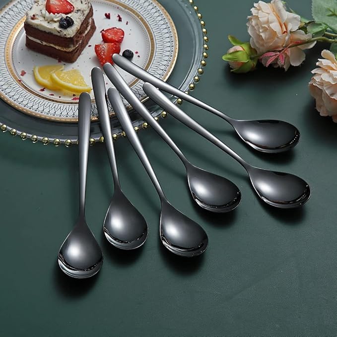 Black Dinner Spoons 6 Piece, 8.1'' Stainless Steel Tablespoons, Soup and Dessert Spoons, Silverware for Home, Kitchen or Restaurant, Dishwasher Safe
