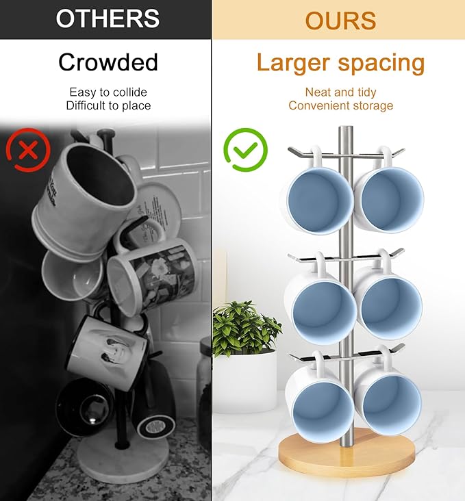 Mug Holder Tree, Coffee Cup Holder for Countertop, 6 Hooks Mug Tree, Coffee Mug Rack, Metal Mug Stand(Brushed Nickel)