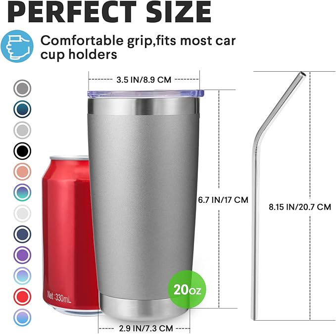 Volhoply 20oz Stainless Steel Tumbler with Lid and Straw Bulk 4 Pack,Double Wall Insulated Travel Iced Coffee Mug Fits Cup holder,Powder Coated Cups for Hot/Cold Drinks,Christmas Gifts（Gray,4 Set）