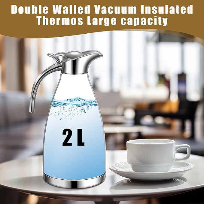 Uiifan 2 Pcs 68 oz Thermal Coffee Carafe Insulated Stainless Steel Coffee Carafe for Hot Liquids Vacuum Thermal Pot Creamer Dispenser with Brushes Keeping Hot Tea Milk Water(Silver)