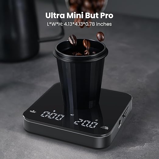 Rechargeable Mini Coffee Scale with Timer, Maestri House Espresso Scale, 2kg/0.1g Accurate Scale for Espresso and Pour-Over Coffee, Portable Digital Kitchen Scale with Automatic Timing（Black）