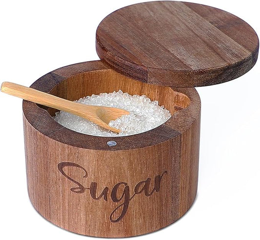 Acacia Wood Spice Box with Swivel Cover for Kitchen Countertop,Salt Keeper with Built-in Spoon,Modern Farmhouse Kitchen Decoror for Storing Seasonings (Labeled Sugar)