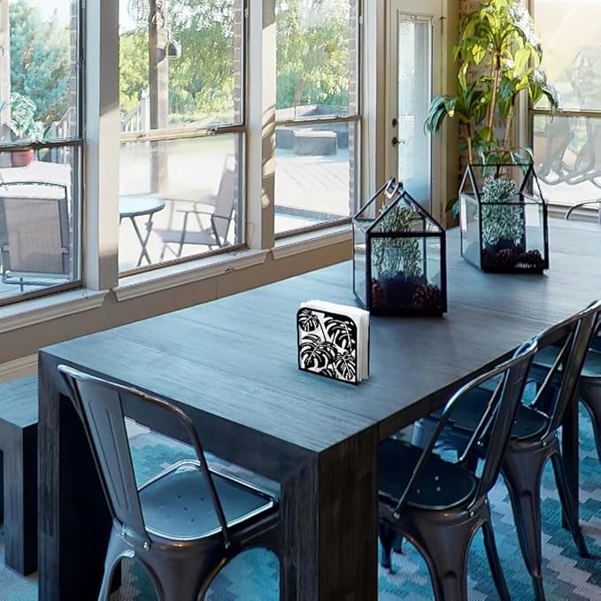 Monstera Leaf Decorative Black Metal Napkin Holder for Table, 4.9" x 4.9" x 1.9" Monstera Deliciosa Standing Napkin Holder for Home Kitchen Restaurant Picnic Party Coffee Bar Dining Room