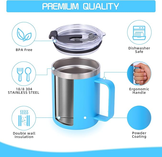 Volhoply 12oz Insulated Leakproof Coffee Mug with Flip & Straw Lid Bulk 8 Pack,Double Wall Vacuum Stainless Steel Travel Tumbler Cup with Handle,Reusable Camping Keep Cold/Hot(Blue,8 Set)