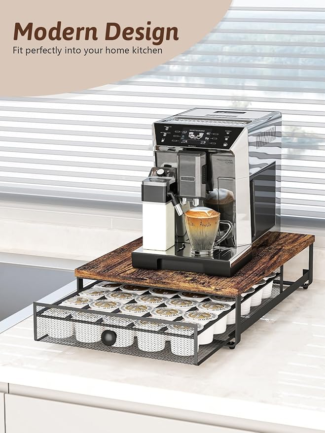 Coffee Pod Holder Counter Coffee Vertuo Capsules Storage Organizer with Sliding Drawer Compatible For 35 K-Cup Pods No Assembly Needed Rustic Brown