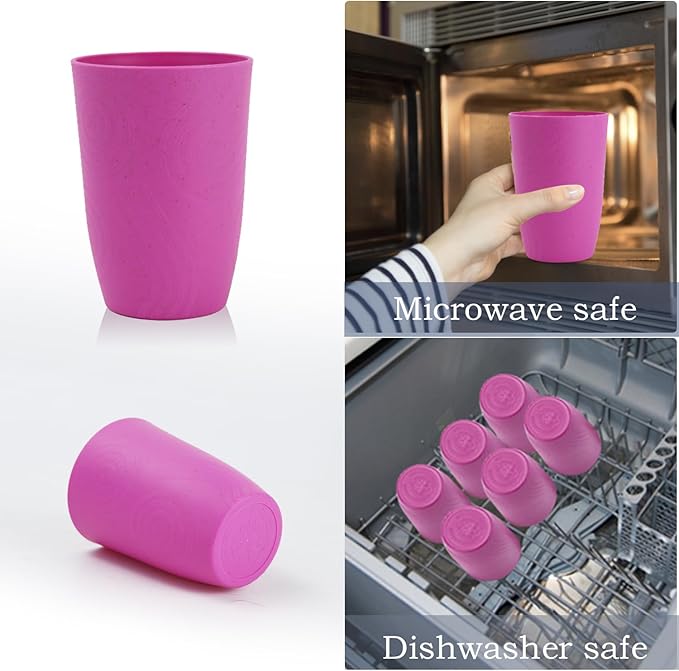 Homienly Wheat Straw Cups 6 PCS Plastic Cups Reusable Unbreakable Drinking Cup Alternative Plastic Cups Plastic Stackable Water Tumblers Dishwasher Safe Water Glasses (16 OZ,Pink)
