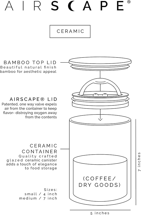 AirScape Planetary Design Ceramic Coffee and Food Storage Canister – Small 4-inch – US Patented Airtight Inner Lid – Gray with Bamboo Top