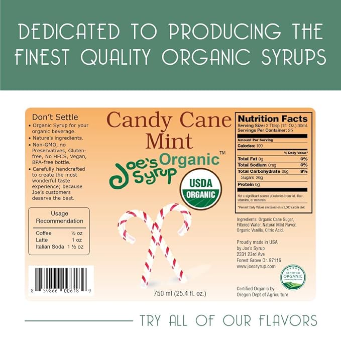 Joe’s Syrup Organic Flavored Syrup, Organic Candy Cane Mint, 750 ml