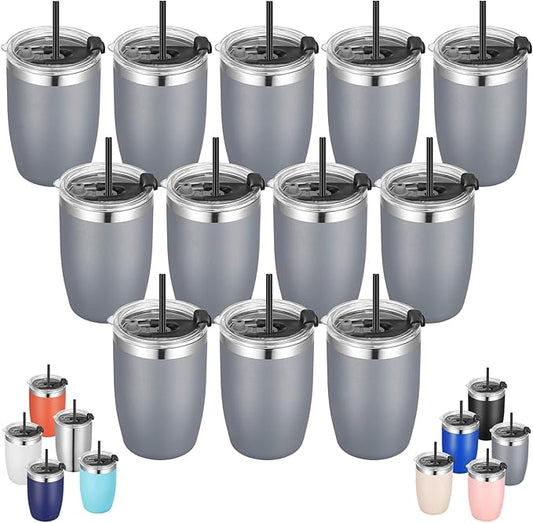 VEGOND Stainless Steel 12 oz Tumblers bulk Vacuum Insulated Double Wall Travel Tumbler with Lid and Straw Reusable Tumbler,Grey 12 pack