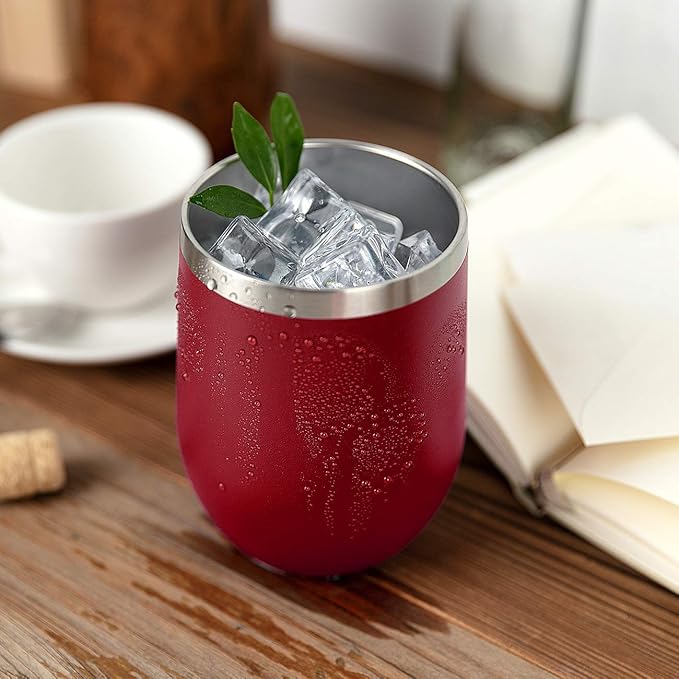 MEWAY Stemless 12oz Wine Tumbler Glasses with Lid -Insulated Double Wall Vacuum Stainless Steel Travel Tumbler with Straw,for Woman Under 10 dollars (Red,1)