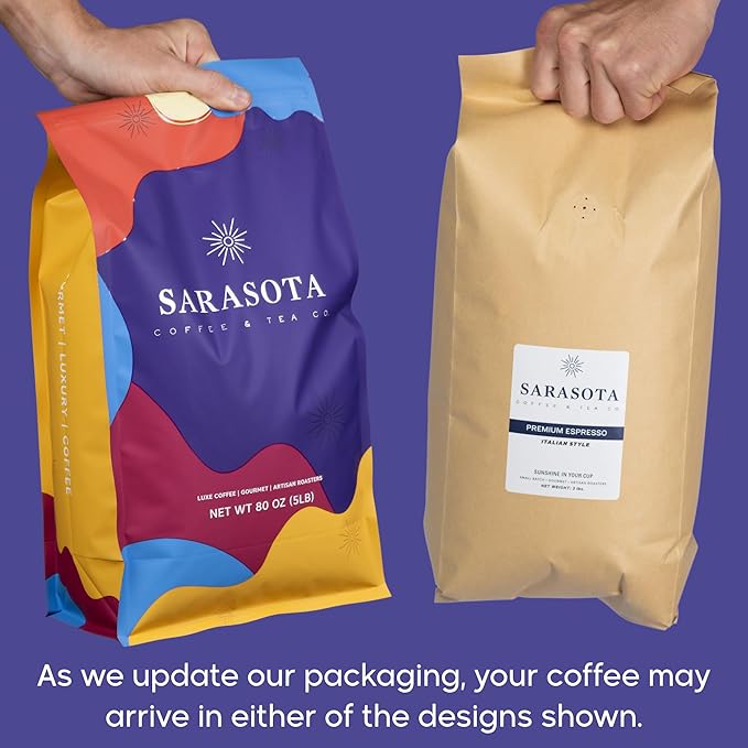 Sarasota Coffee Whole Bean Espresso | Dark Roast Gourmet Coffee Beans | Low Acid, Mold Free, Specialty Grade Bulk Beans | 5lb (80 oz)