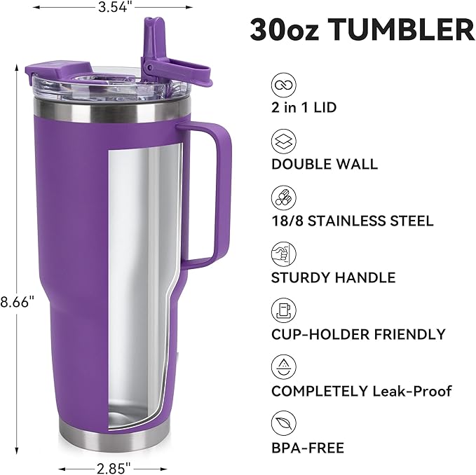 HASLE OUTFITTERS 30oz Tumbler With Handle, Insulated Travel Coffee Mug With Straw Leak-Proof Double Wall Stainless Steel Vacuum Tumblers Metal Cup with Straw for Hot and Cold Drink