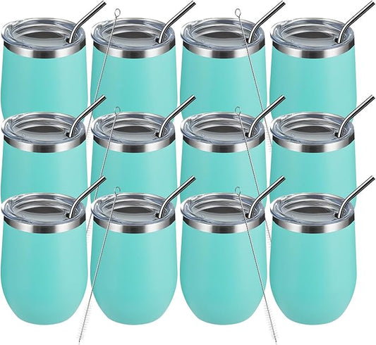 MEWAY 12oz/12 Pack Wine Tumbler Glasses with Lid -Double Wall Vacuum Stainless Steel Travel Tumbler Mug,Stemless Insulated Wine Cup for,Coffee,Cocktails,Gifts (Light green,Set of 12)