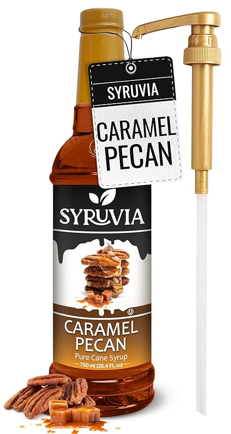 Syruvia Coffee Syrup, Caramel Pecan Flavored Syrup for Drinks, Lattes, and Desserts – 25.4 fl oz, With Pump