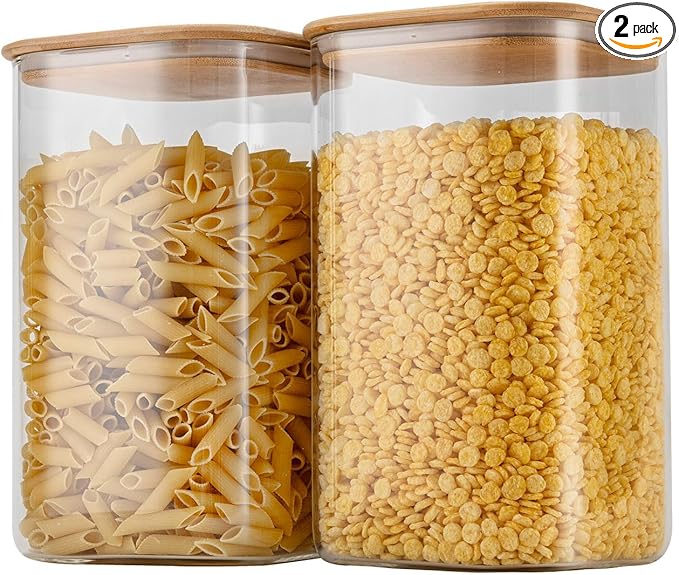 156oz Airtight Glass Square Storage Canister with Bamboo Lid Set of 2(4600ml*2) Large Gallon Glass Jars for Sugar, Flour, Cookies and Coffee beans (‎with Black Lable)