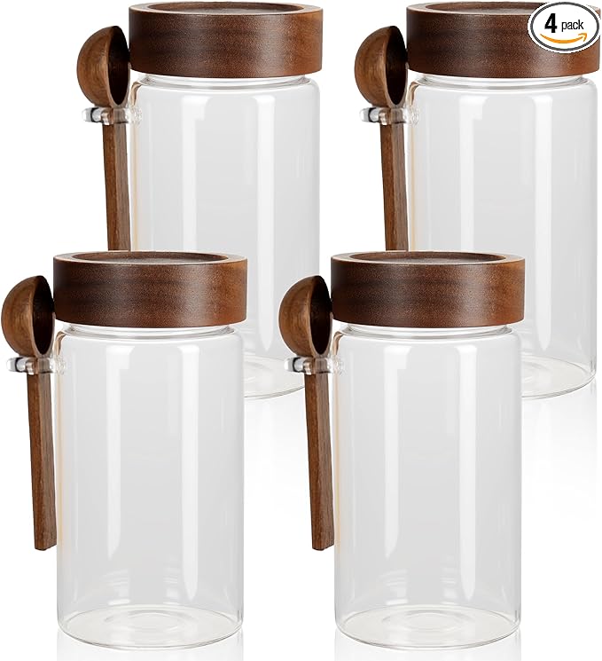 4 Pack 18 oz/550 ml Glass Storage Canister with Airtight Wooden Lid, Clear Small Decorative Container Jar with Spoon for Salad Overnight Oats Snacks Yogurt Cereal Fruit Spice Sugar Coffee