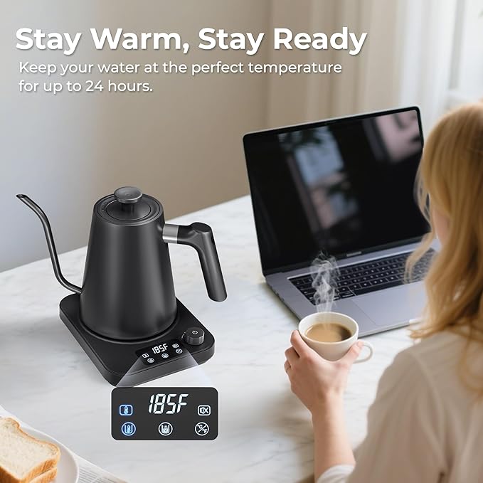 Gooseneck Electric Kettle, ±1°F Precision Control, Smart Altitude Adjustment, 24H Keep Warm, 30-Min Auto Memory, Food Grade Stainless Steel, Pour Over Kettle for Coffee and Tea, 1200W/1.0L