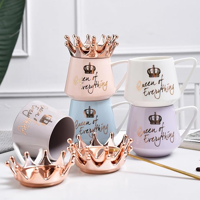 Queen of Everything Mug with Lid Sweet White Mug with Crown Coffee Mugs Gift with Spoon & Coaster 12 oz Ceramic Cup Birthday Gift for Women Girls Mom Girlfriend Mothers Day Gifts for Women