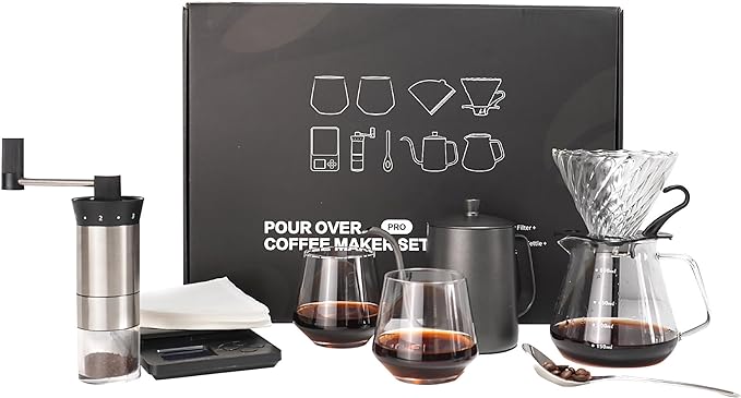 SuperCook Hand Drip Pour Over Coffee Set, All in One Includes Gooseneck Kettle, V60 Glass Dripper, Paper Filter, Cups, Manual Grinder, Scale, Ideal for Anniversary Birthday Gift