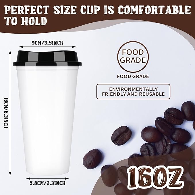 Domensi 15 Pack Reusable Coffee Cups with Lids 16 oz Disposable Travel Cups Bulk Plastic to Go Coffee Tumblers for DIY Hot Cold Drink Party Favors Coworker, Microwaveable (White with Black Lid)