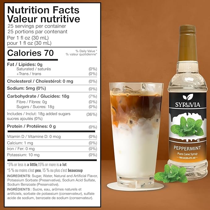 Syruvia Peppermint Syrup for Coffee, Flavored Syrup for Drinks, Lattes, and Desserts – 25.4 fl oz, With Pump