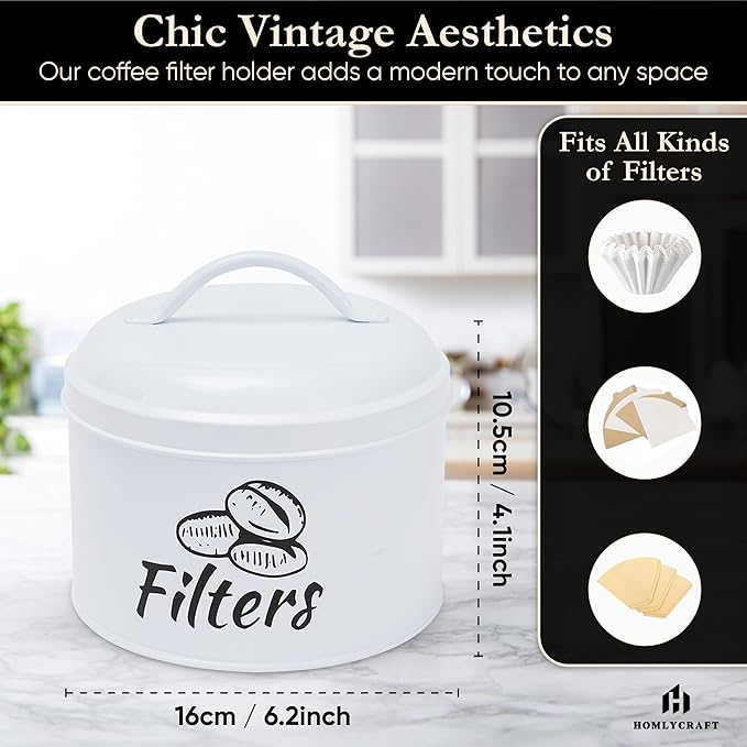 Coffee Filter Holder with Metal Lid – Coffee Filter Container for Countertop – Modern Organizer for Cone Filters – Coffe Bar Accessory for Kitchen Decor (white)
