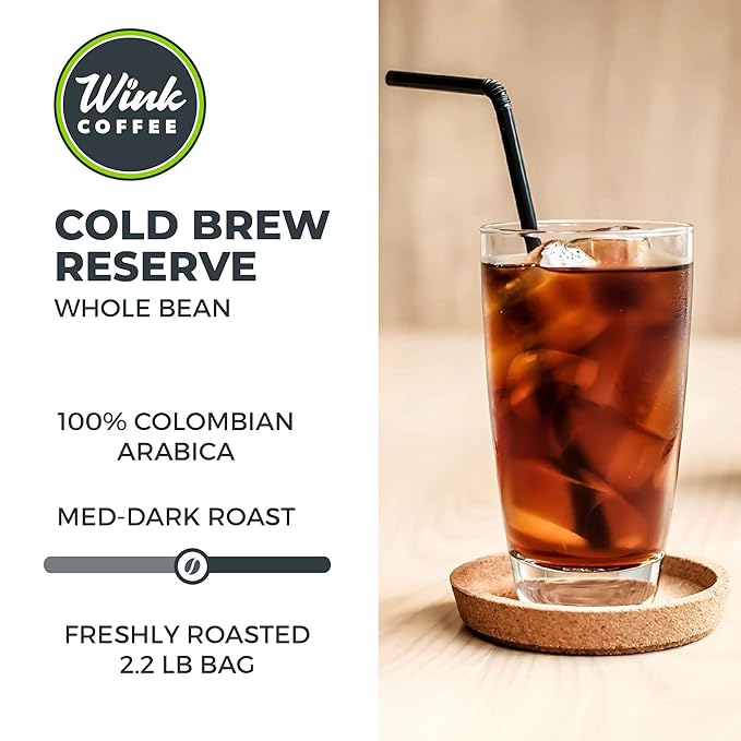 Wink Coffee Medium Dark Roast, Large 2.2lb bag, Low Acid Whole Bean Coffee, 'Cold Brew Reserve', Single Origin Colombian Arabica Beans, Smooth, Sustainably Sourced