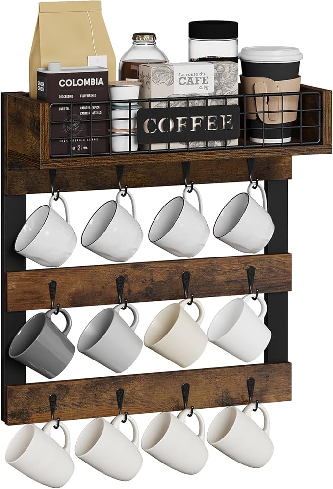 YINMIT Coffee Mug Holder Wall Mounted, Wood Mug Racks with 12 Hooks, Coffee Cup Holder for Wall with Storage Shelf, Cups Rack for Home, Kitchen