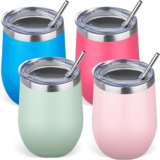 12oz/4 Pack Stainless Steel Wine Tumbler with Lid and Straw, Double Wall Vacuum Insulated Wine Tumbler Glasses, Stemless Travel Mugs for Hot and Cold Drinks, Coffee, Wine, Cocktails