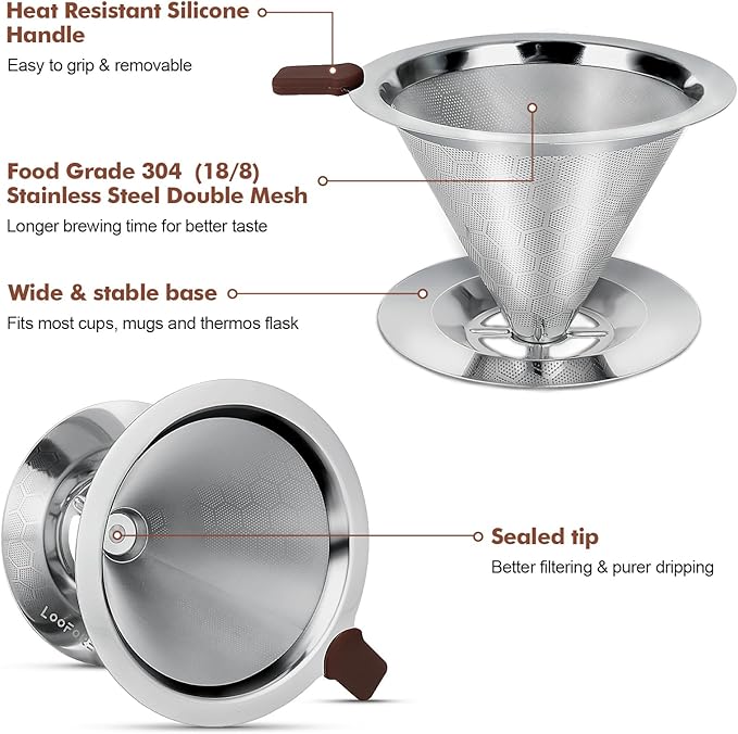 Pour Over Coffee Dripper, LOOFORE Stainless Steel Coffee Filter, Metal Cone Filter Paperless Reusable Coffee Filter Single Cup Coffee Maker 1-2 Cup, with Spoon and Silicone Tray, Cleaning Brush