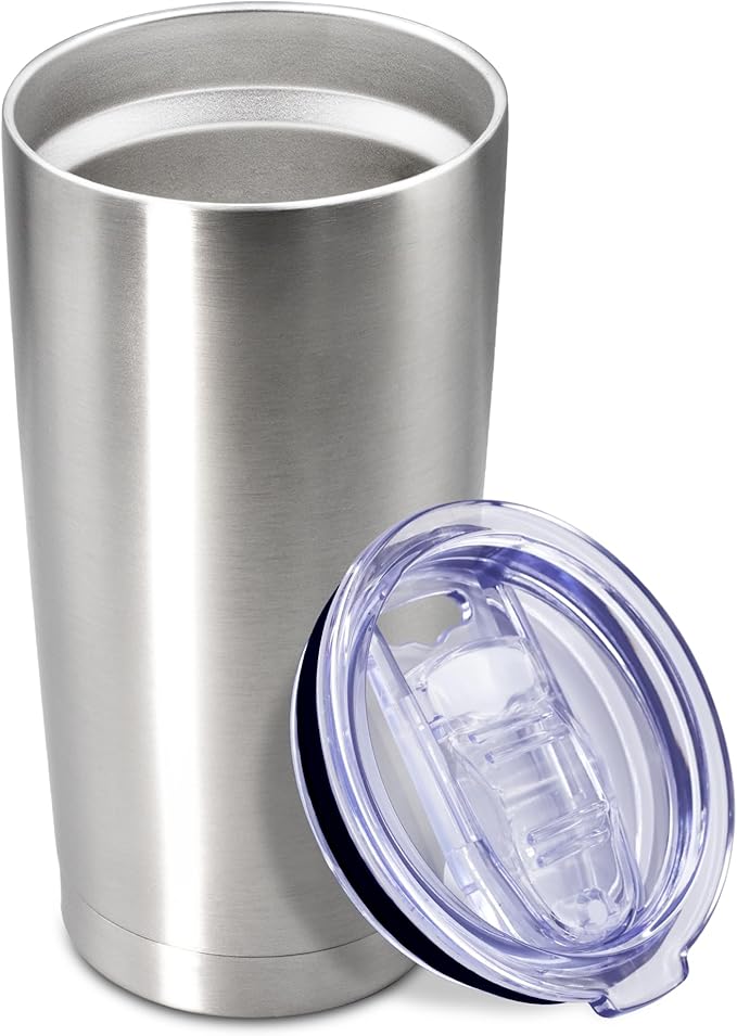 20 oz Tumbler Coffee Travel Tumblers Bulk with Lid Stainless Steel Double Wall Vacuum Insulated Mug Powder Coated Cups fit Car Cupholder for Hot and Cold - Stainless Steel, 1Pack