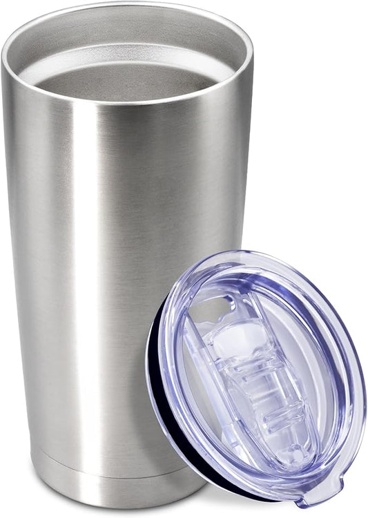 20 oz Tumbler Coffee Travel Tumblers Bulk with Lid Stainless Steel Double Wall Vacuum Insulated Mug Powder Coated Cups fit Car Cupholder for Hot and Cold - Stainless Steel, 1Pack