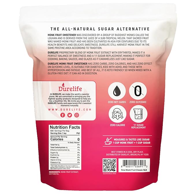Durelife Monk Fruit Sweetener, Classic - Sugar Substitute, Keto Diet Friendly, 1:1 Zero Calorie, White Sugar Substitute - 5 lb (Packaging May Vary)