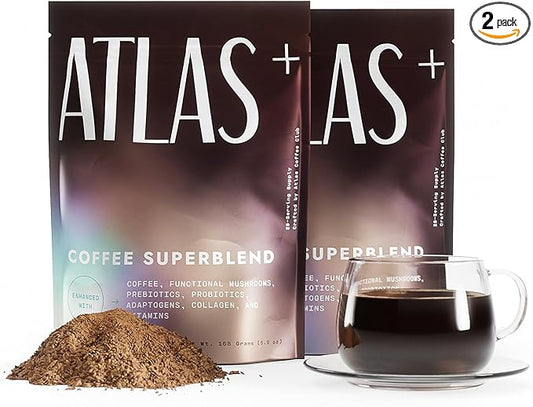 Atlas+ Coffee Superblend– Instant Mushroom Coffee with Lion’s Mane, Reishi, Cordyceps, Ashwagandha, Probiotics, Vitamin D3 & B12– for Energy, Focus, Immunity & Gut Health– 56 Servings (2 Bags)