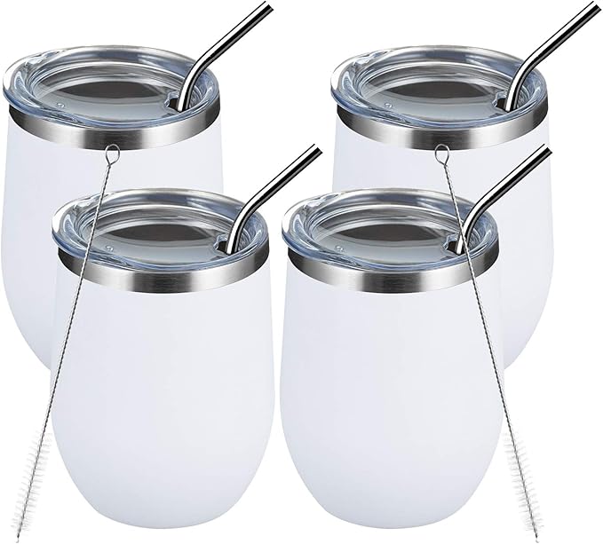 MEWAY 12oz/4 Pack Wine Tumbler Glasses with Lid - Stemless Double Wall Vacuum Stainless Steel Travel Tumbler - Keeping Cold & Hot for Wine,Coffee,Cocktails,Drinks-Family and Gifts (White,Set of 4)