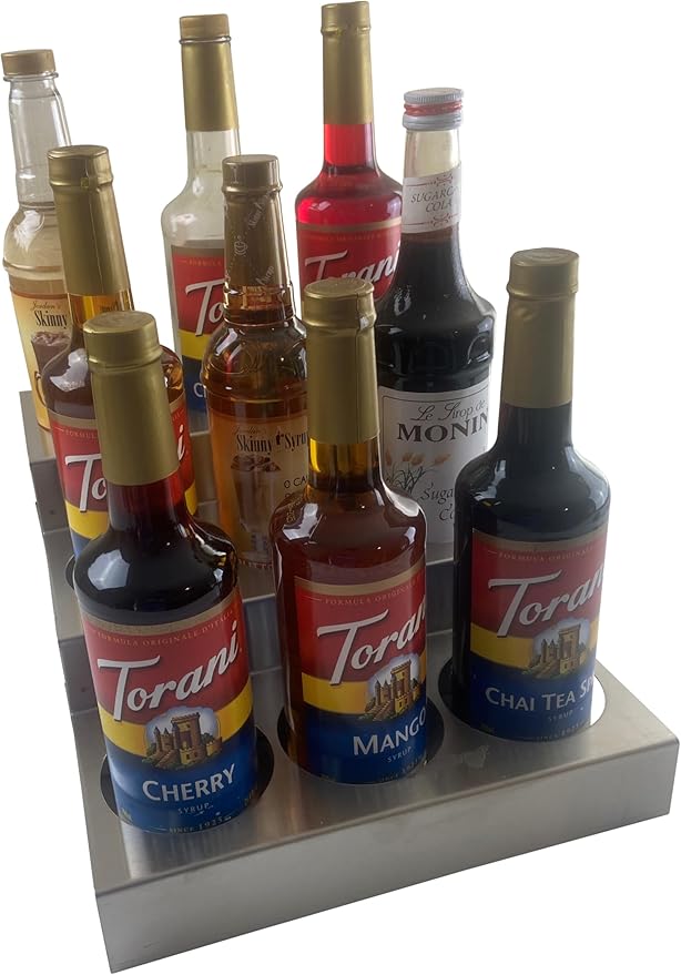 Rattleware 3-Tier Stainless Steel 9 Bottle Coffee Syrup Wire Rack Fifths – Shelves for Wine or Condiments - Durable Storage Organizer for Home, Kitchen, Office, Garage, or Commercial Use (Silver)