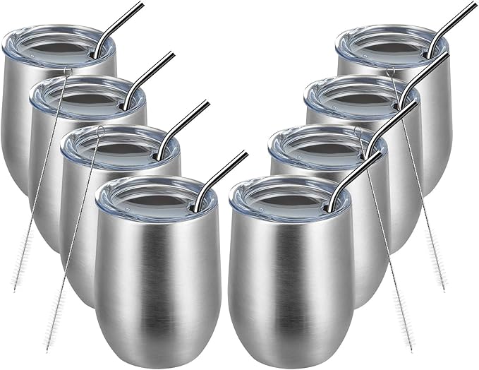 MEWAY 12oz/8 Pack Wine Tumbler Glasses with Lid - Stemless Double Wall Vacuum Stainless Steel Travel Tumbler - Keeping Cold & Hot for Wine,Coffee,Cocktails,Drinks-Family and Gifts (Silver,Set of 8)